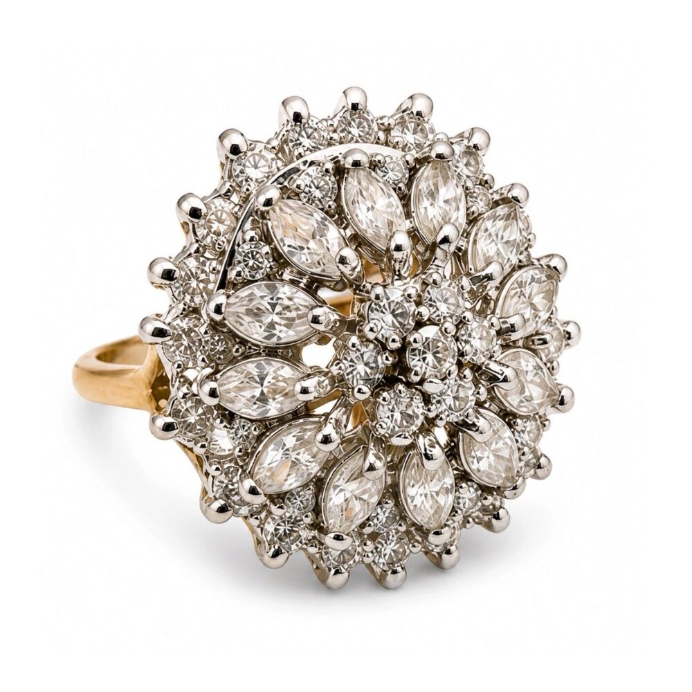 Vintage 1980s CZ Cocktail Ring Size 6 Halo Dome Cluster 14KT Gold Plate - 14G